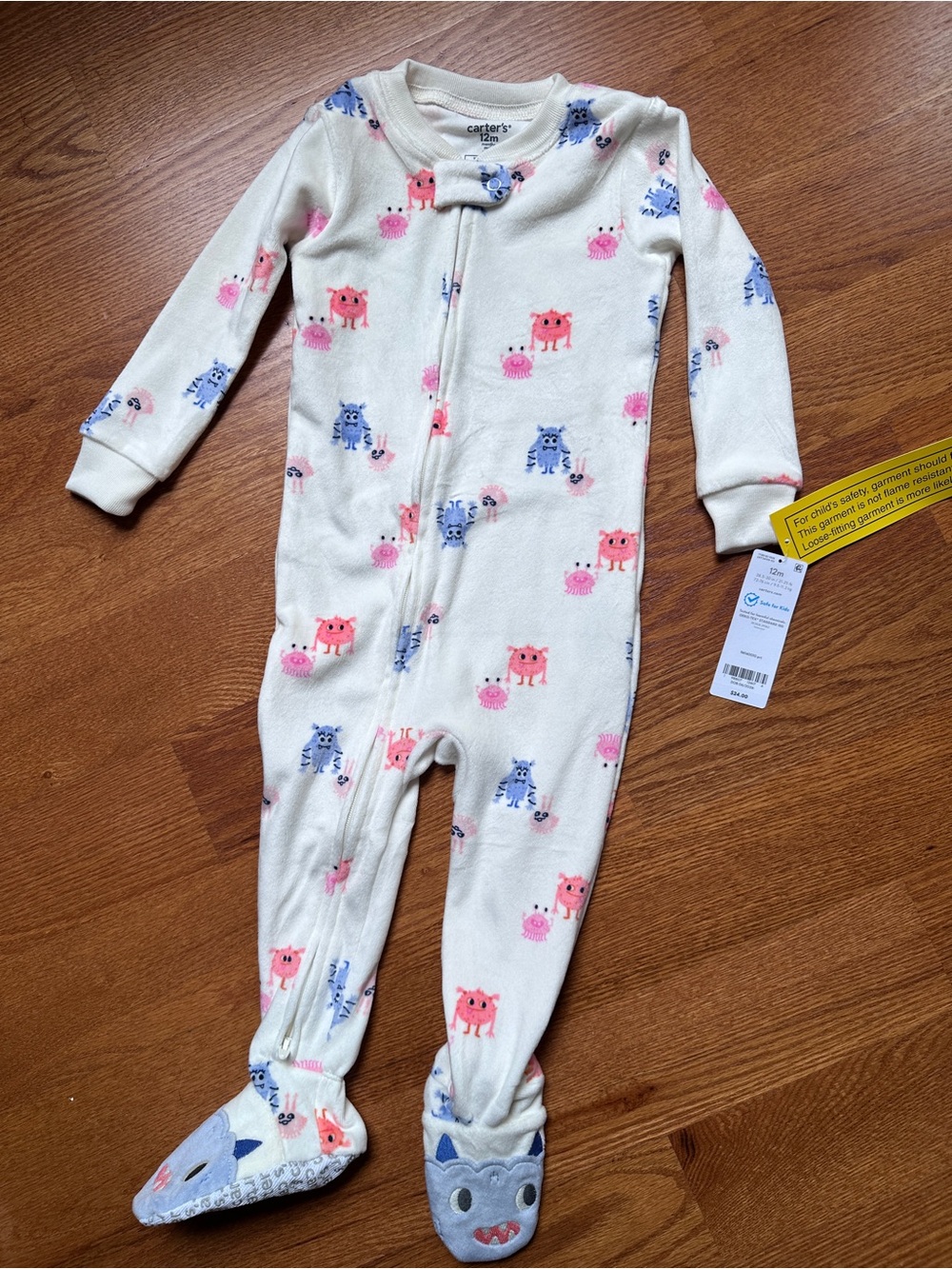 Carter's Cream Footed One-Piece Pajamas with Pink and Blue Monster Print